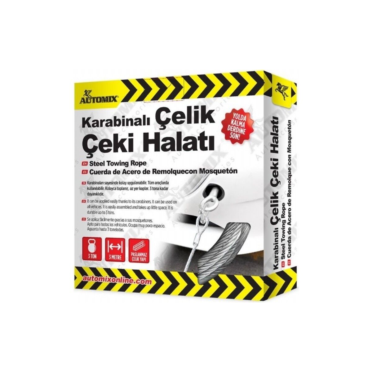 Automix Karabinalı Çelik Çeki Halatı 3 Ton