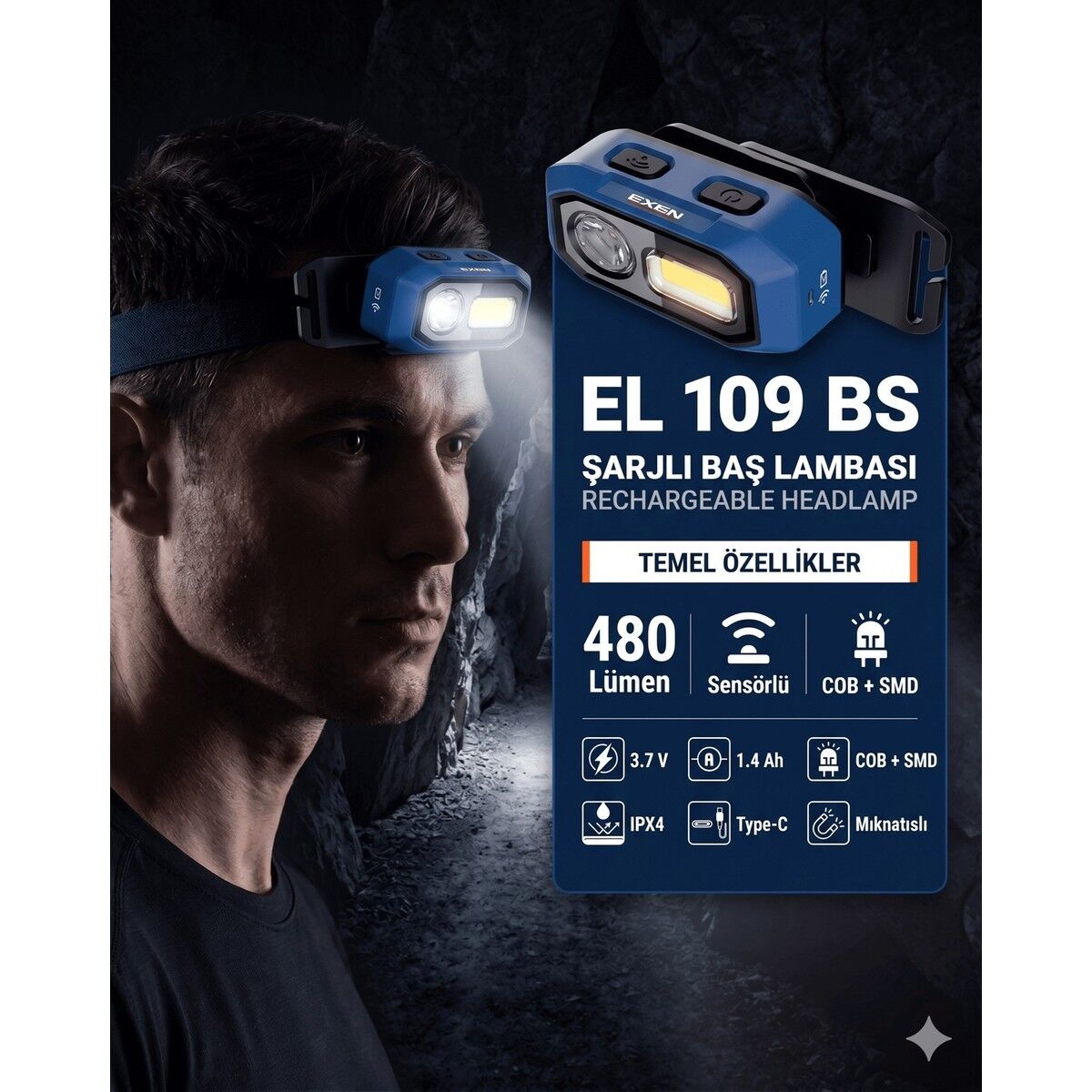 EXEN EL 109 BS 1.4AH 480 LÜMEN ŞARJLI BAŞ LAMBASI