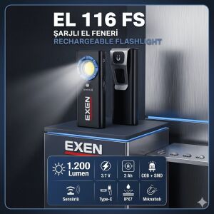 EXEN EL 116 FS - 3.7V 2Ah 1.200 Lümen Şarjlı Slim Tip El Feneri