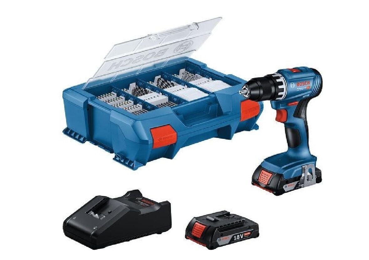 Bosch GSB 18V-45 Çift Akülü 2.0 Ah Darbeli Vidalama + 63 Parça Aksesuar Seti