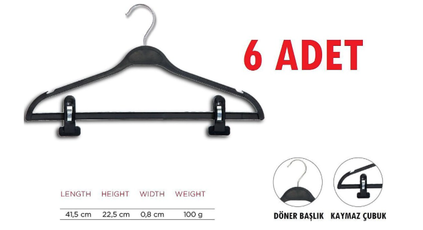 Comfort Time 6 Adet Plastik Elbise Askısı Döner Başlıklı