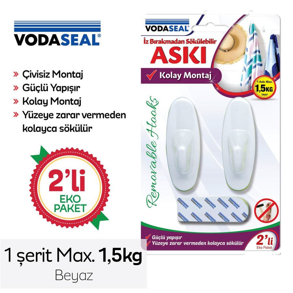 Vodaseal İz Bırakmadan Sökülebilir Askı Beyaz 2'li